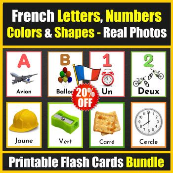 French Letters Numbers Colors And Shapes Flash Cards Bundle With Real