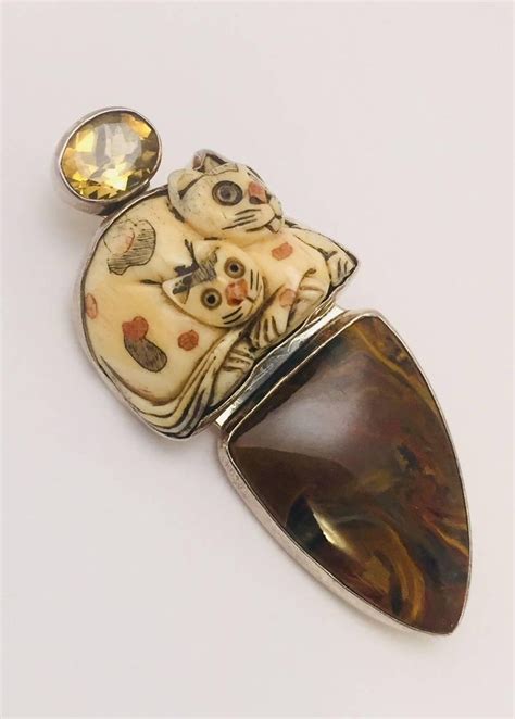 Sterling Silver Amy K Russell Carved Etched Bone Cats Agate Citrine