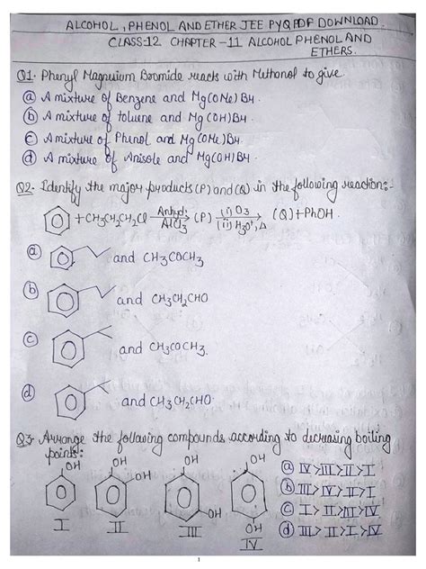 Alcohol Phenol And Ether Jee Pyq Pdf