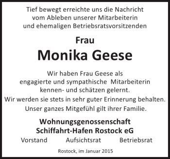 Traueranzeigen Von Monika Geese Trauer Nordkurier