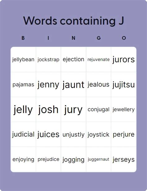 Words Containing J Bingo Card Creator