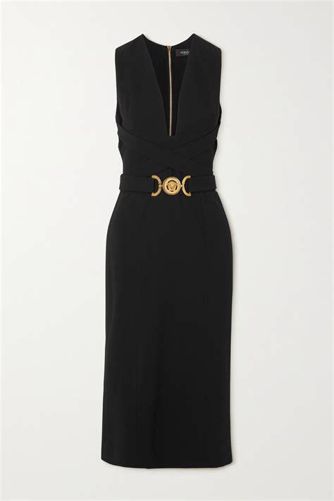 Versace Black Belted Crepe Midi Dress Editorialist