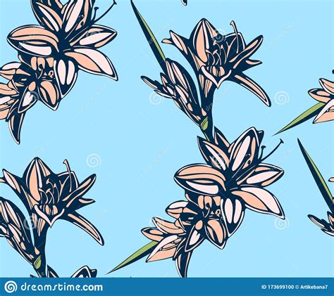 Seamless Floral Pattern With Lily Flowers Hand Drawn Ink Illustration