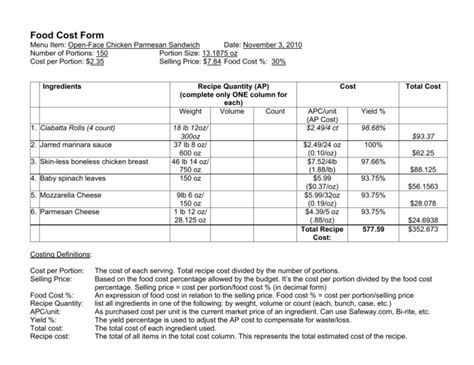 Recipe Food Cost Template Word