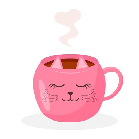 Premium Vector Tea Mug With Steam Pink Cup In The Shape Of A Cat Cute Hot Drink Isolated On