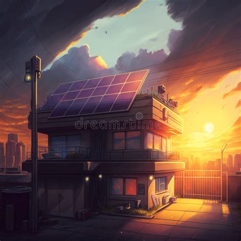 Generative AI Building With Solar Panels In A Sunset Stock Illustration