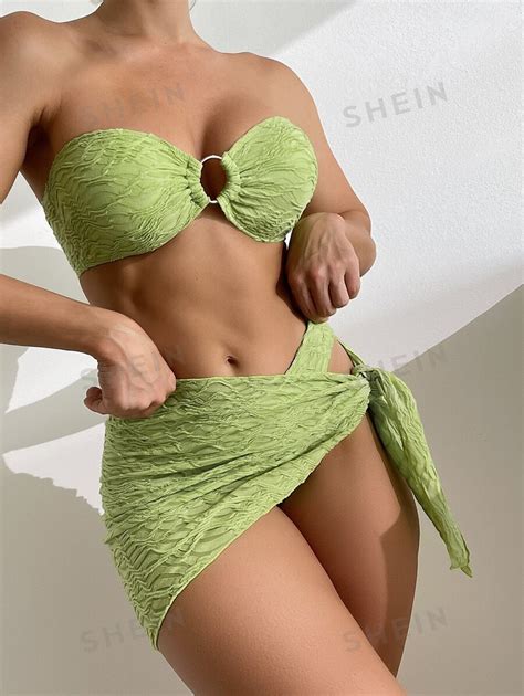 Shein Swim Vcay Textured Bikini Set O Ring Bandeau Bra Top Bikini