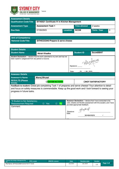 Sithccc 040 Student Assessment Task 1 Sydney City College