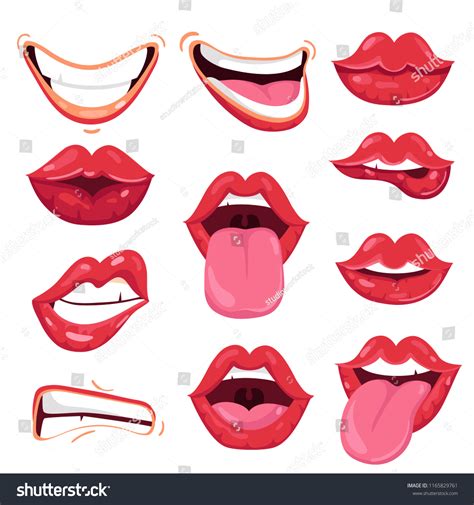 Set Various Cartoon Red Lips Showing Stock Vector Royalty Free