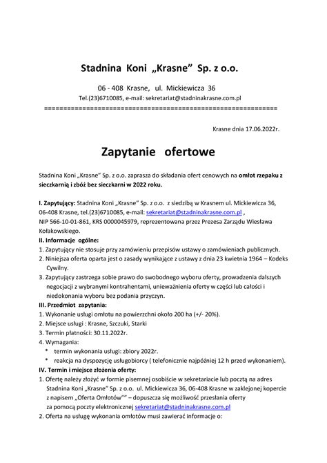 Zapytanie ofertowe na omłot rzepaku z sieczkarnią i zbóż bez sieczkarni