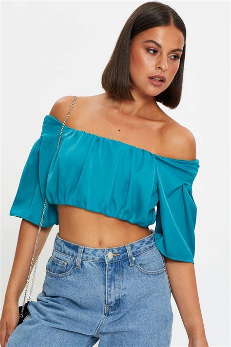 Womens Blue Crop Top Short Sleeve Satin Ally Fashion