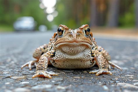 Toad Crossing Road To Spawning Ground Mating Season Of Amphibian