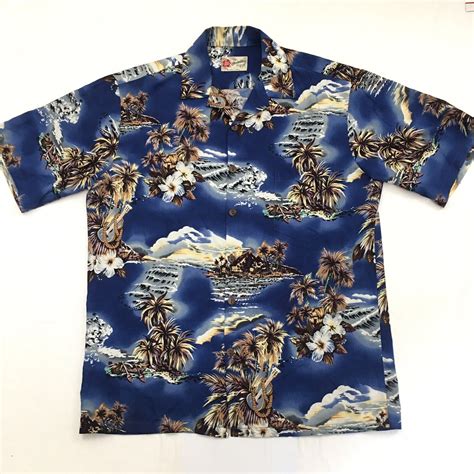 Vintage Hilo Hattie Ss Hawaiian Lounge Shirt Blue Pal… Gem