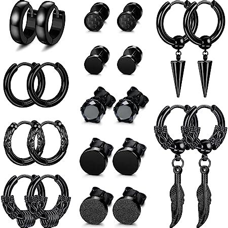 JeweBella 11 Paires Boucles D Oreilles Homme Noir Acier Inoxydable Punk