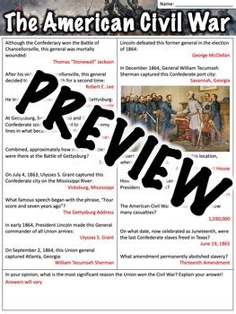 American Civil War Worksheet By Middle School History And Geography