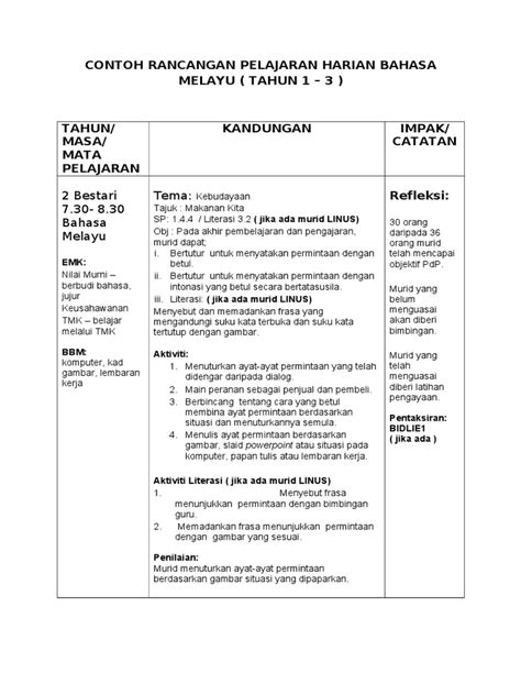 Pdf Contoh Rancangan Pelajaran Harian Bahasa Melayu Doc Dokumen Tips