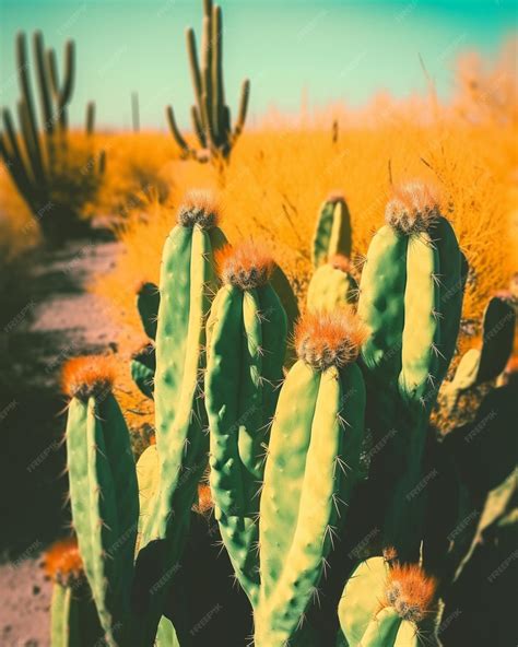 Premium AI Image | A cactus field with a cactus in the background