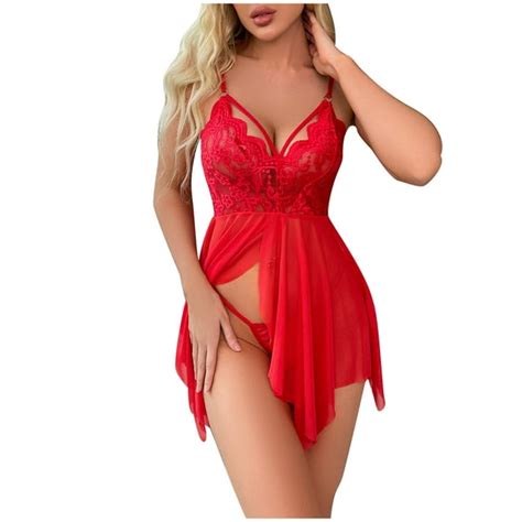 Oalirro Lingerie Dress Fairy Costume Lace Negligee Set For Women Red