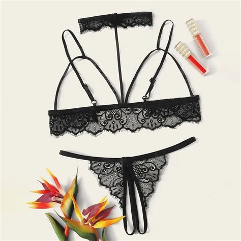 Translúcido laço cruz cinto oco sutiã lingerie sexy conjunto de sutiã