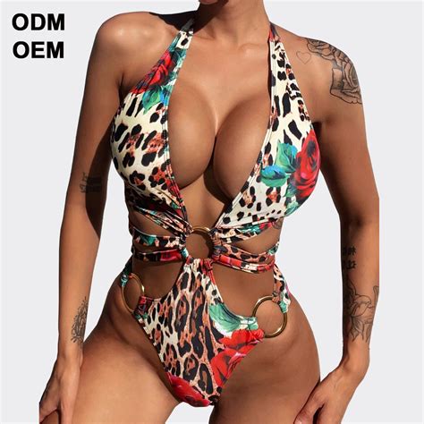 One Piece Halter Swimwear Womens Sexy Bikini Solid Color Printing Metal Ring Slim Fit Swimsuit