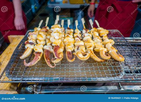 KYOTO JAPAN JULY 05 2017 Grilled Food With Octopus In The Nishiki