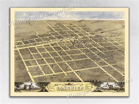 1869 Sandwich Illinois Map Panoramic Old City Map Historic Birds Eye View Vintage Map Art Print