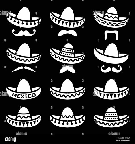 Mexican Sombrero Hat With Moustache Or Mustache White Icons On Black