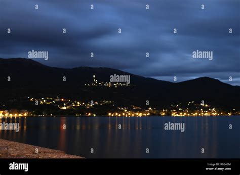 Lake Ohrid And City Light At Night Stock Photo Alamy