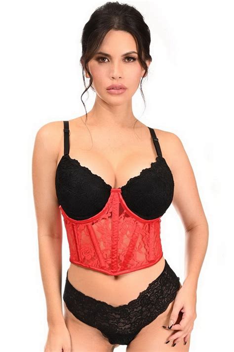 Plus Size Lavish Red Sheer Lace Underwire Underbust Corset Set Spicy