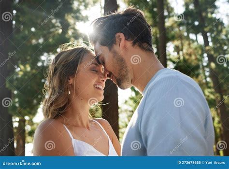 Couple Forehead Touch Content In Nature And Happy Travel And Relax