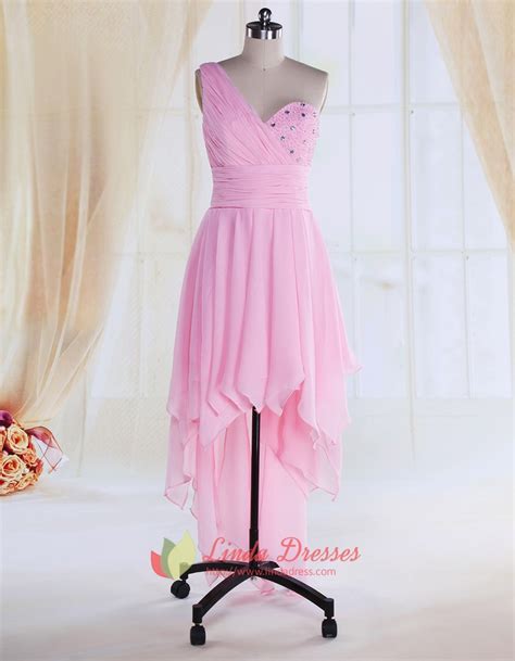 Short Prom Dresses One Shoulder Pink One Shoulder Pink Chiffon Dress