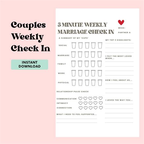 Couples Weekly Check In Worksheet Marriage Health Check Questions Couples Counselling Tools 5