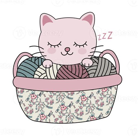 Cute Cat Sleeping In Basket With Yarn Balls Png