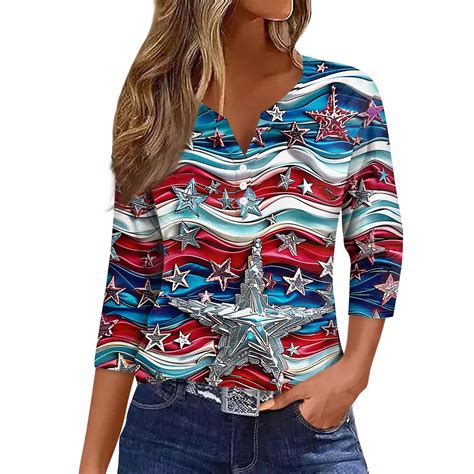 Mohiass Independence Day 3 4 Sleeve Shirts For Women USA Flag Print