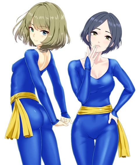 Safebooru 2girls Arms Behind Back Black Hair Blue Eyes Blush Bodysuit