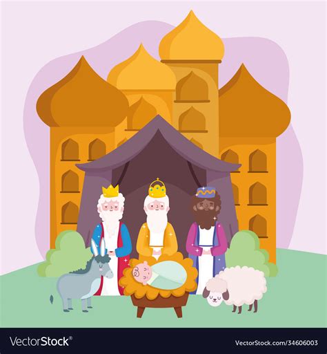 Nativity Manger Bajesus Wise Kings With Lamb Vector Image