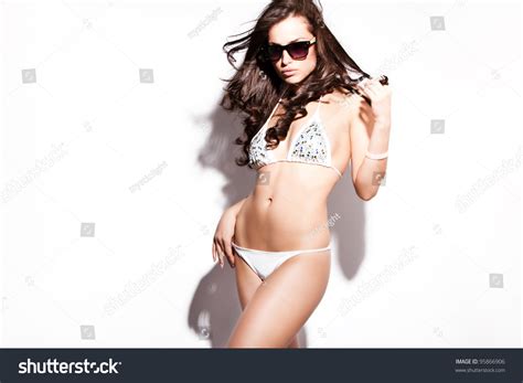 Beautiful Brunette White Bikini Sunglasses Studio Stock Photo Shutterstock