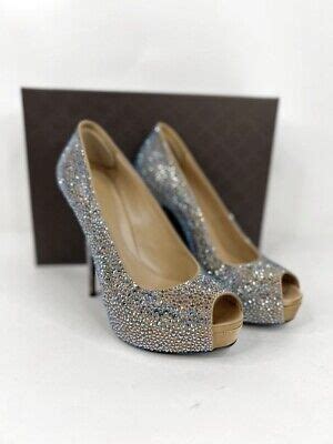 Gucci Strauss Rhinestone Peep Toe Platform Pumps Shoe Blue Gold 38 5 8