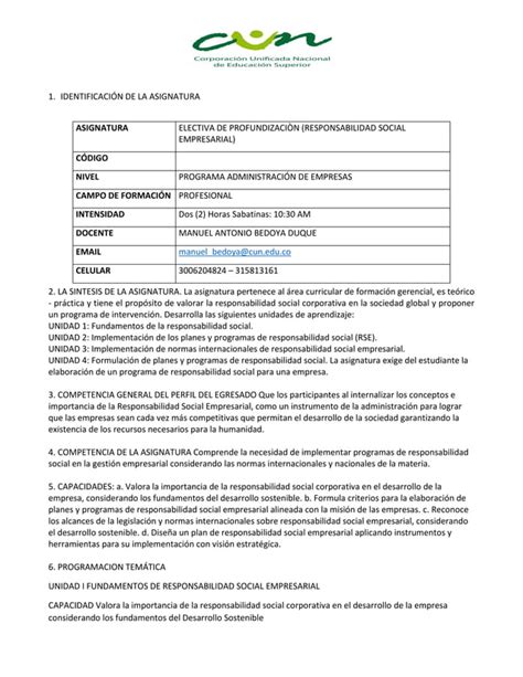 Syllabus Responsabilidad Social Empresarial Pdf Descarga Gratuita