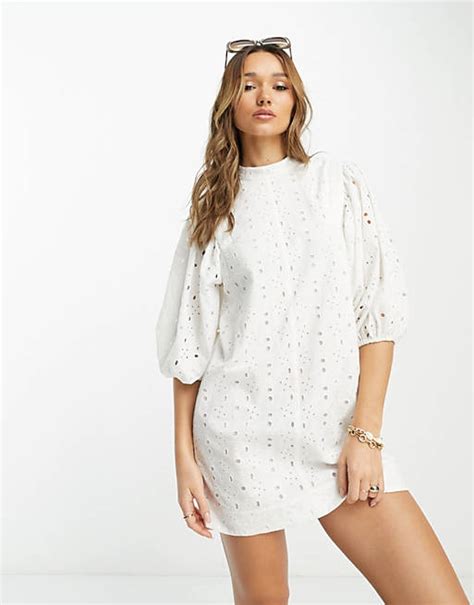 Asos Design Broderie Mini Dress With Puff Sleeve In White Asos