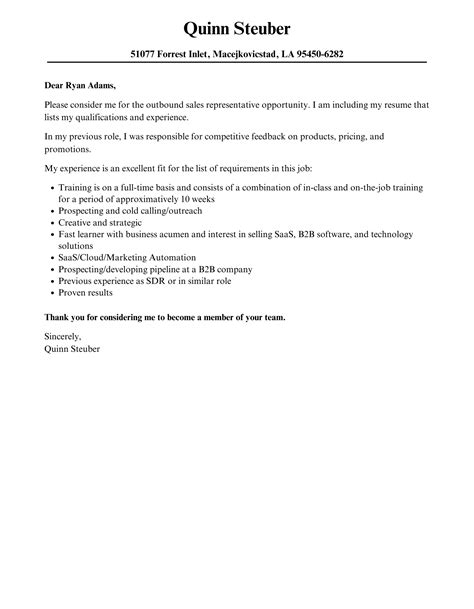 Outbound Sales Representative Cover Letter Velvet Jobs