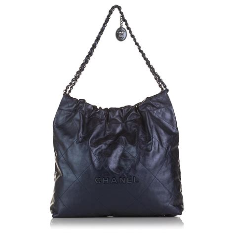 Chanel Blue Small Metallic Leather Hobo Bag Navy Blue Pony Style