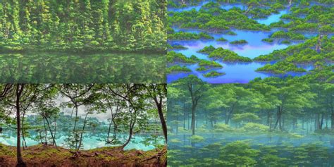 Close Up Forest With Lake Anime Panorama Painting By Stable