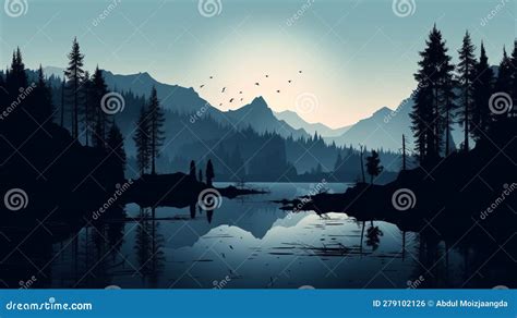 Mountain Lake Silhouette Landscape Stock Illustration - Illustration of ...