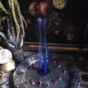 Vintage Blue Pedestal Art Glass Vase Ruffle Neck Mid Century Etsy