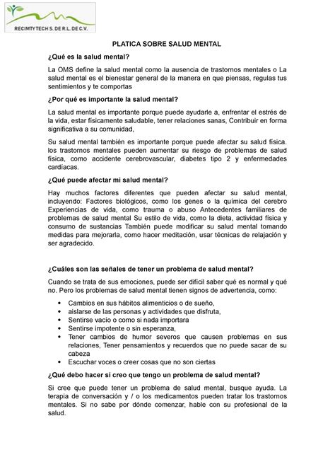 Platica Salud Mental Para Dar Talleres De Prevencion De Cuidado De