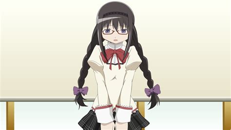 Akemi Homura Black Hair Blush Bow Braids Glasses Headband Long Hair