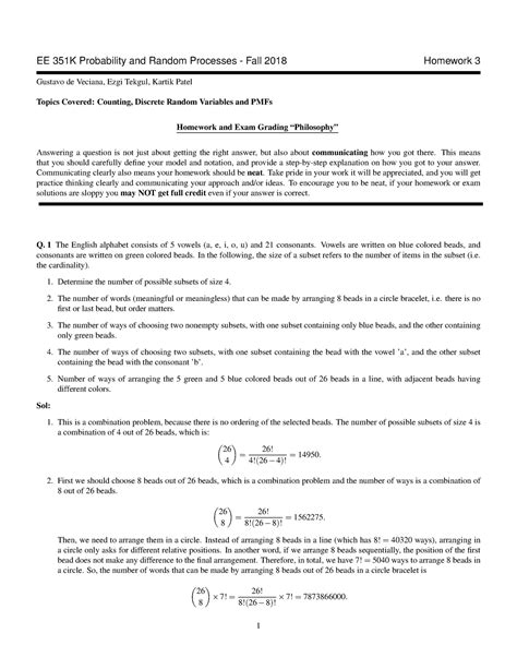 HW3 Solution EE 351K Probability And Random Processes Fall 2018