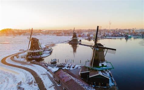 Wooden Historical Windmills Zaanse Schans Windmill Village During