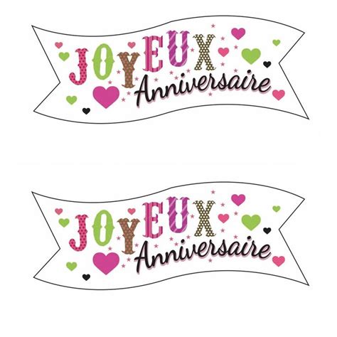 Two Banners With Hearts And The Words Joyeux Anniverise Written In